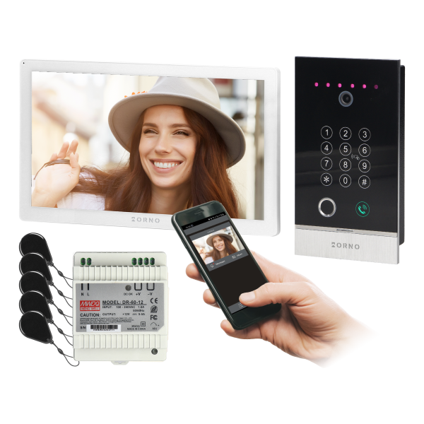 GUARDO single family video doorphone set, 4-wires, touchscreen LCD 10" monitor, fingerprint reader, proximity reader and code lock, App-controlled, flush mounted, white